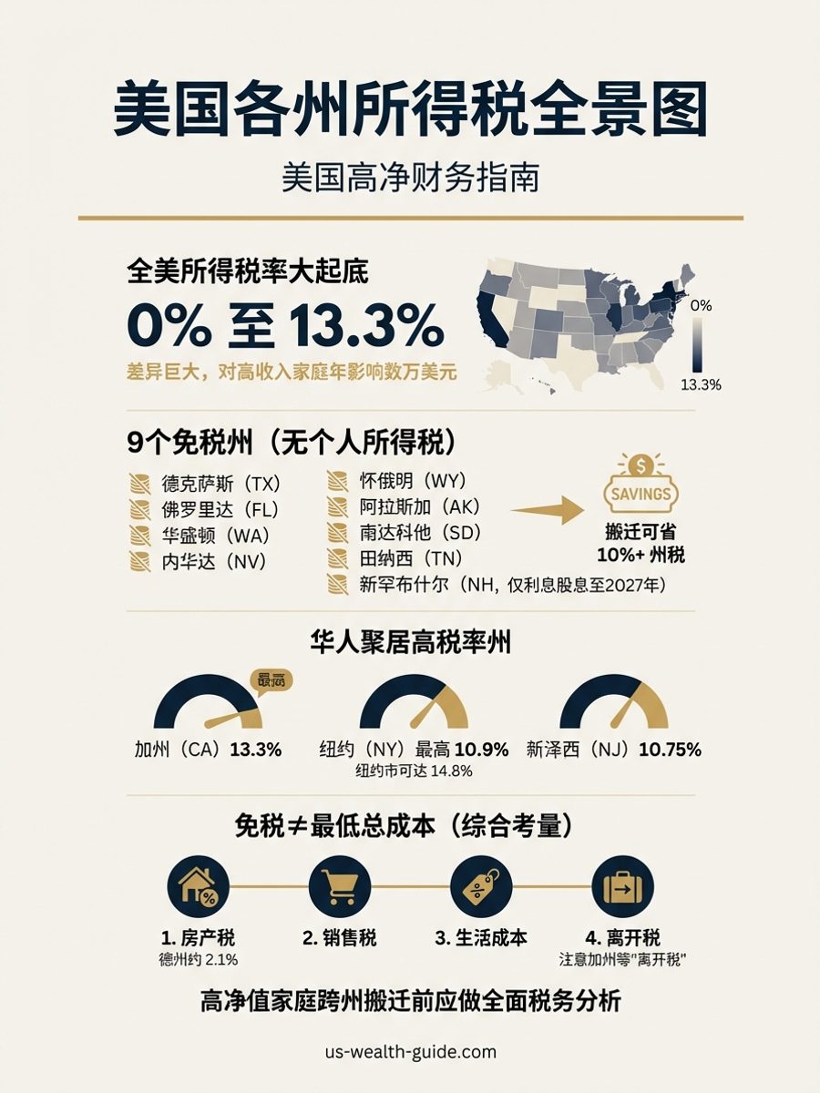 信息图：美国各州个人所得税率地图 — 9个免税州（TX/FL/WA/NV等）与高税率州（CA 13.3%、NY 10.9%、NJ 10.75%）对比