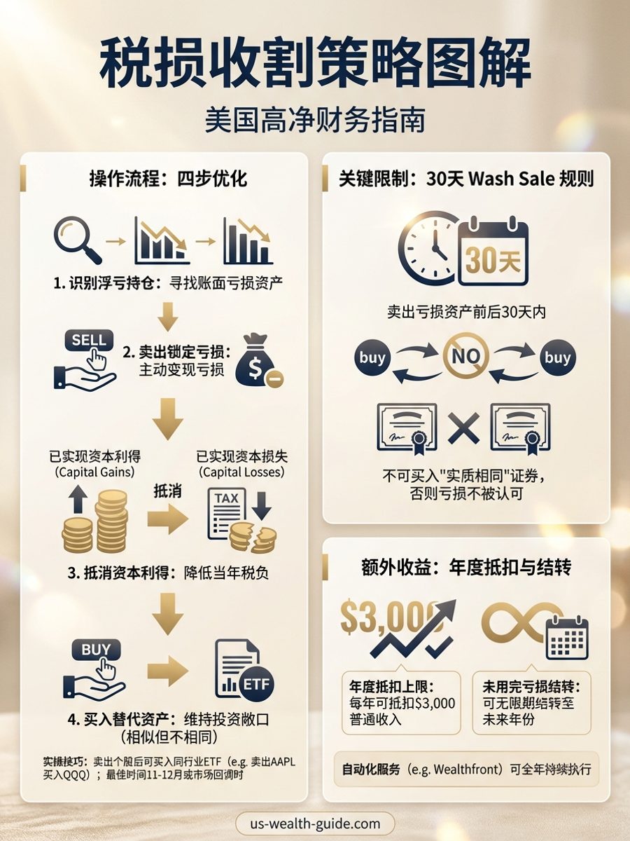 信息图:税损收割策略四步流程 — 识别浮亏、卖出锁定、抵消利得、买入替代资产,含30天Wash Sale规则和$3,000年度抵扣上限