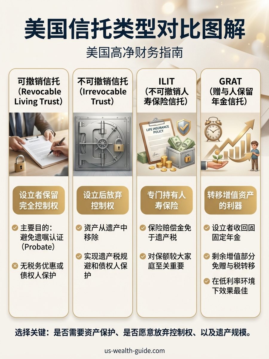 信息图:四种美国信托类型对比 — 可撤销信托避Probate、不可撤销信托资产保护、ILIT保险免遗产税、GRAT转移增值资产的功能与限制