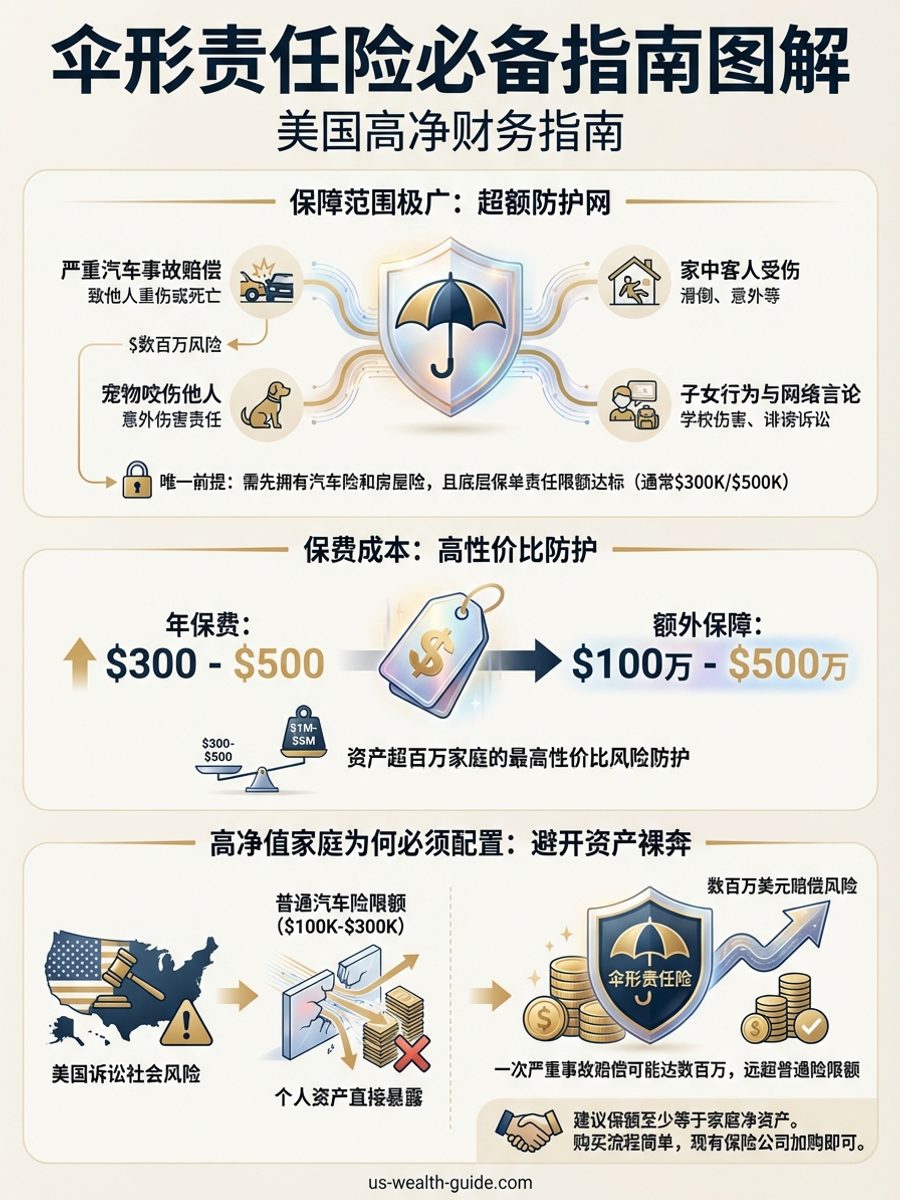 信息图：伞形责任险指南 — $1M-$5M额外保障覆盖汽车事故、房屋伤害和诉讼，年保费仅$300-$500的高性价比保障