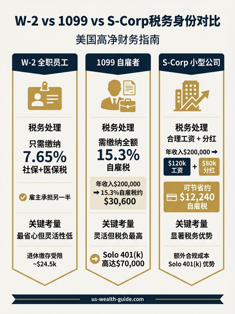 信息图:W-2员工、1099自雇者和S-Corp三种税务身份对比 — 社保税7.65% vs 自雇税15.3%计算、Solo 401(k)与净收入差异
